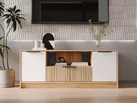Тумба под ТВ  ТМ-001 Ивис (дуб крафт золотой/белый) в Комарье - komare.mebel-nsk.ru | фото